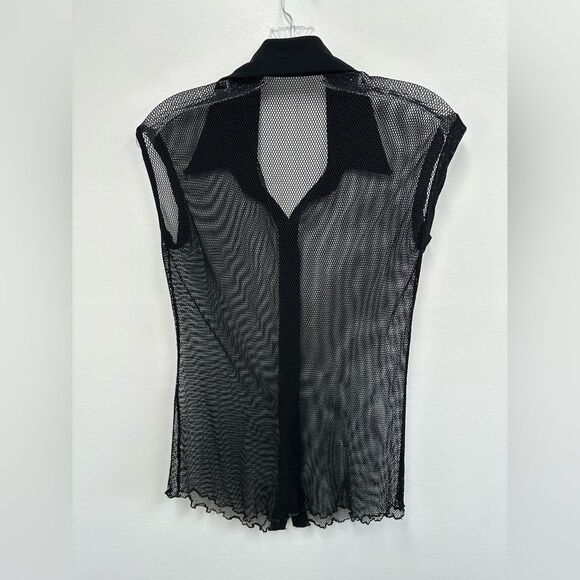 Vintage Y2K Black Mesh Sheer Fish Net Short Sleeve Button Front Top Size M - Picture 10 of 10
